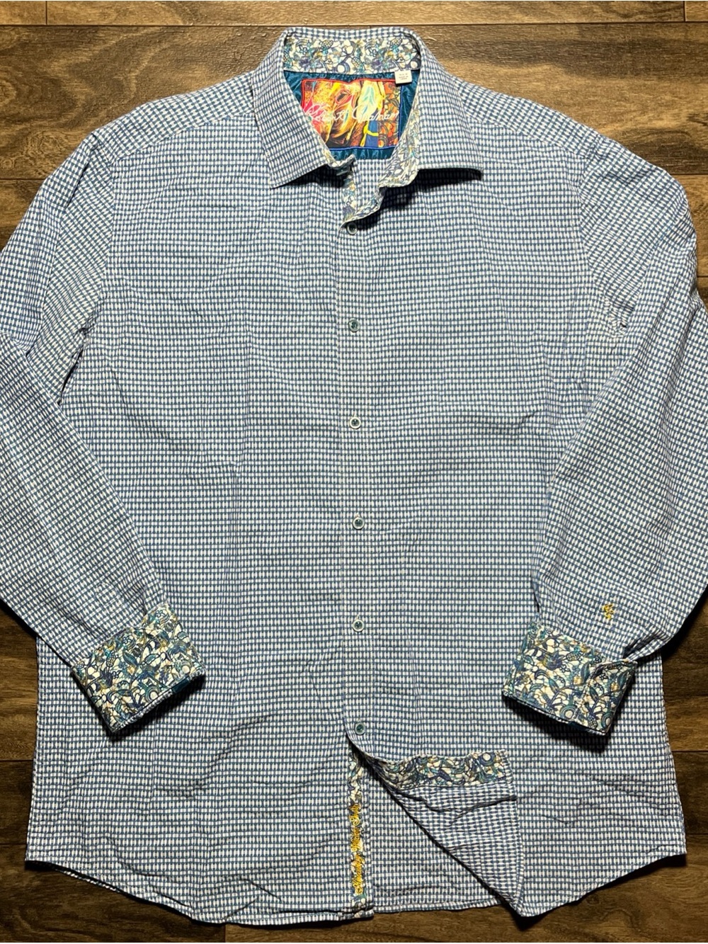 Robert Graham XLT Textured Geometric Flip Cuff Shirt Mens Cotton Blue Resort EUC